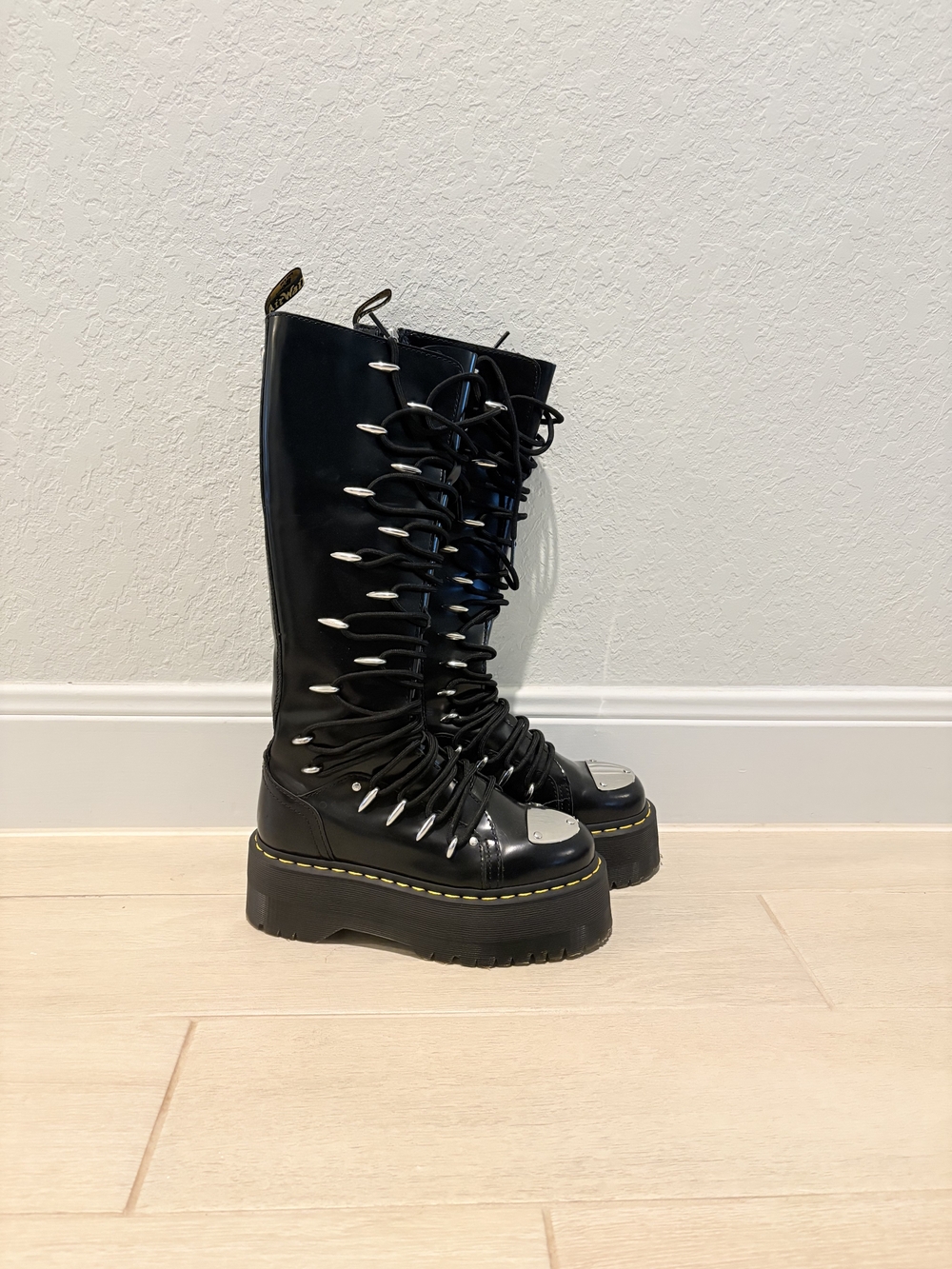 Black Platform Lace-Up Knee Boot with Metal Accents